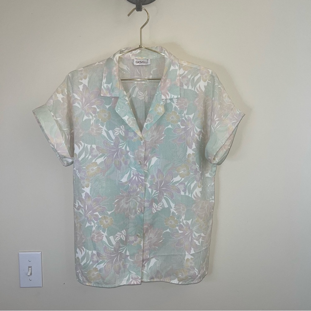 Vintage Giovelli Sheer Floral‎ Button Front Blouse Medium Cottagecore Pastel USA
